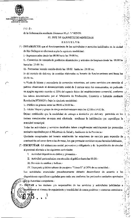 RESOLUCION 073 HORARIOS RIO GALLEGOS 10-11-20-2