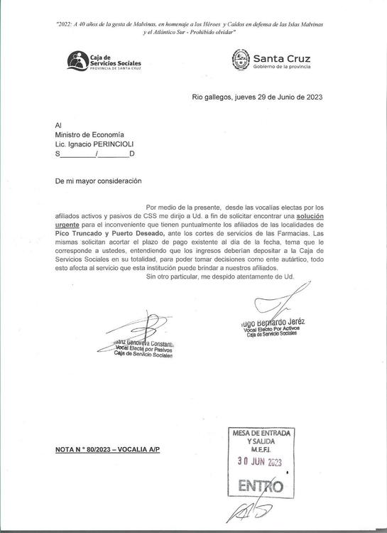 Nota presentada al Ministro de Economía