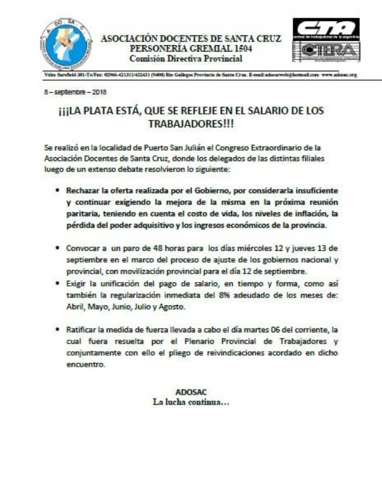 Adosac Rechazó Propuesta Del Gobierno Y Definió Paro De 48 Hs - 