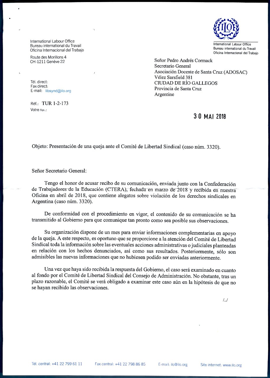 OIT dio curso a la denuncia de ADOSAC1